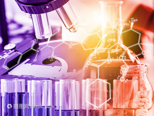 研发概念科学和医实验室仪器显微镜用于生物学的试验管和玻璃瓶以及用于医学研究的实验室化学双重接触图像
